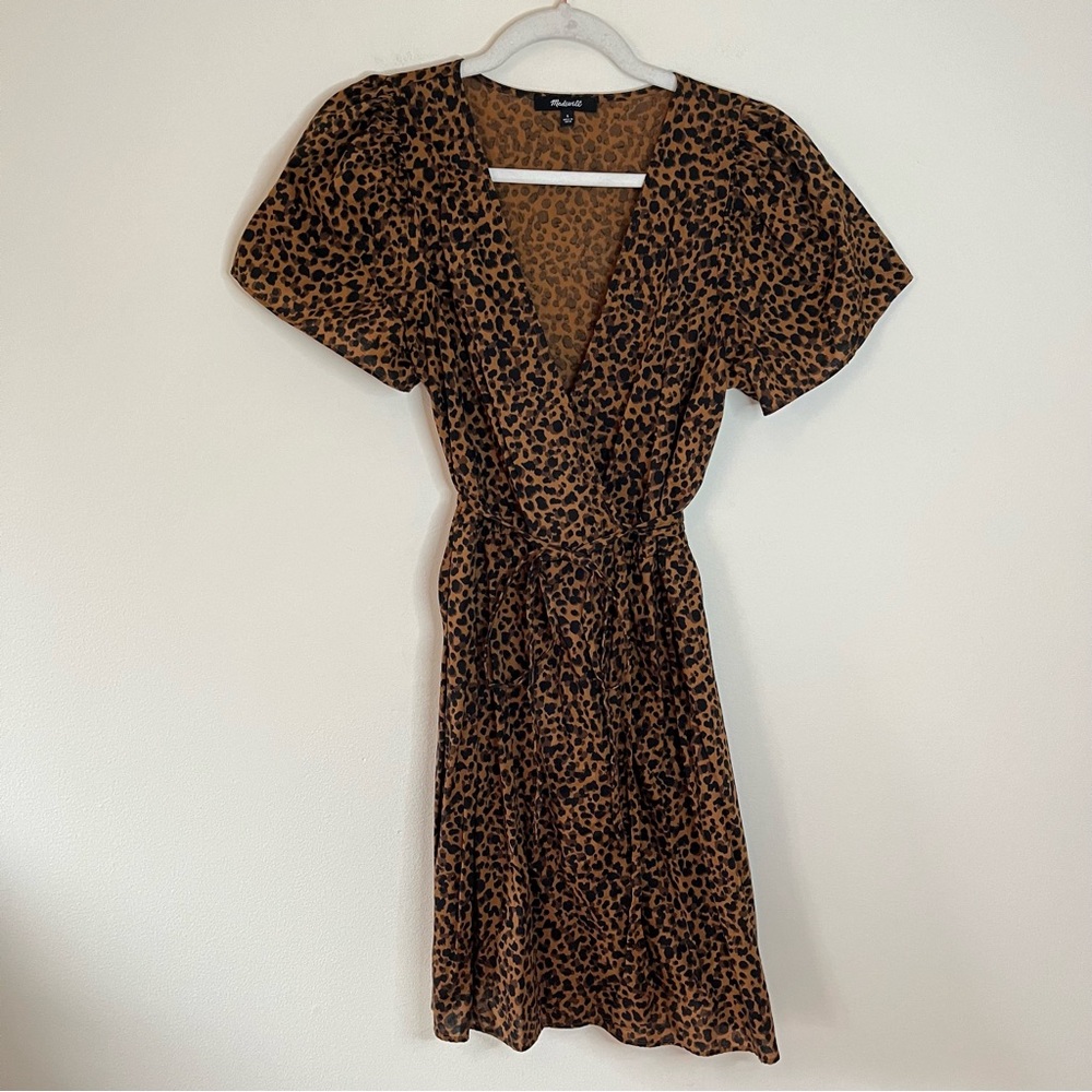 Madewell Flutter Sleeve Painted Leopard Print Mini Wrap Dress Brown Black - Picture 2 of 9